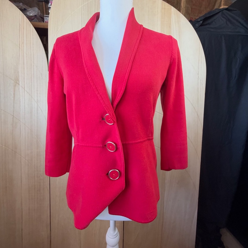 Jones New York Signature Cardigan Womens M Red Knit 3 Button Shawl Collar Jacket